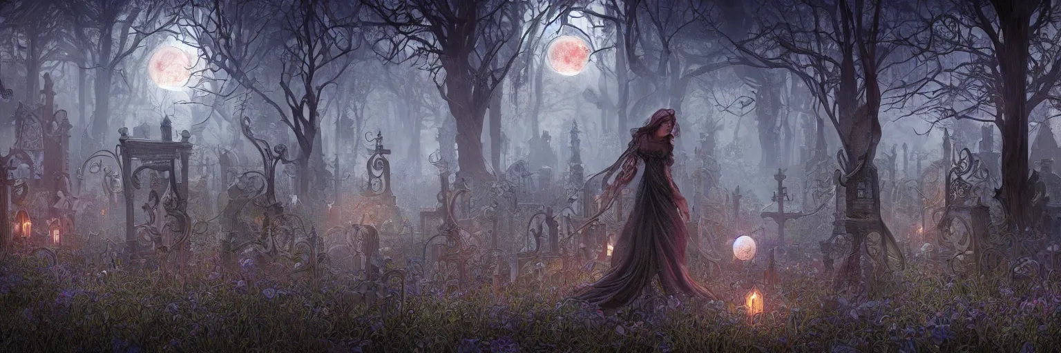 Prompt: an ultra detailed animation of a glowing apparition in a graveyard at midnight on halloween, tattoo on shohulder, digital art, dark fantasy, concept art, soulslike, by alphonse mucha, blood moon eclipse, ruined building in the background, artstation, 8 k, unreal engine render