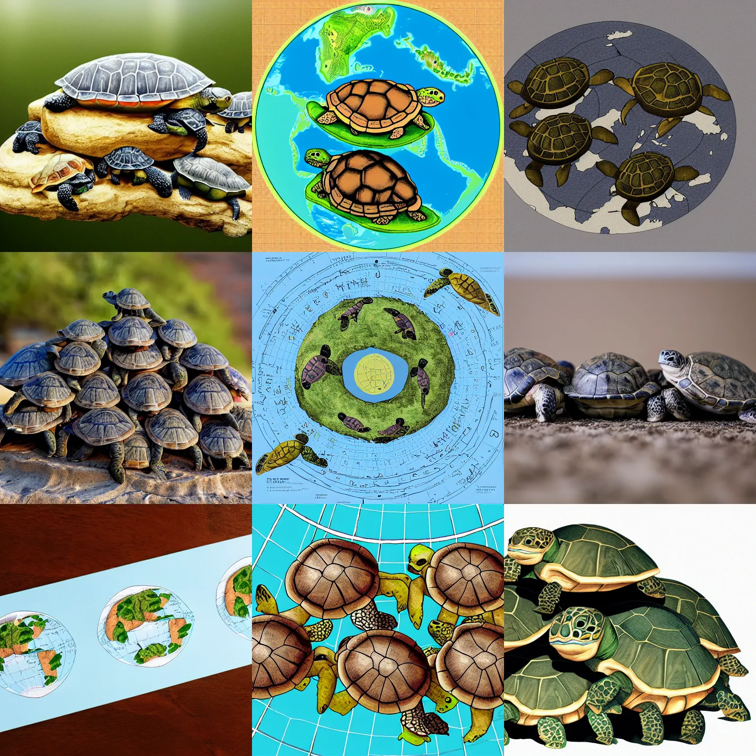 Image similar to a stack of turtles beneath a flat earth, round map, turtle pile