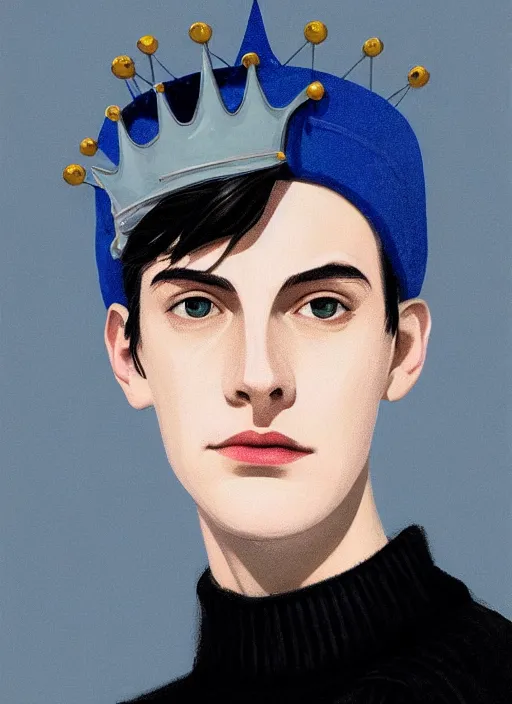 Image similar to portrait of teenage jughead jones wearing a light grey crown, crown, blue turtleneck, 1 9 5 0 s, closed eyes, photorealistic, black hair, glowing lighting, intricate, elegant, glowing lights, highly detailed, digital painting, artstation, concept art, smooth, sharp focus, illustration, art by wlop, mars ravelo and greg rutkowski