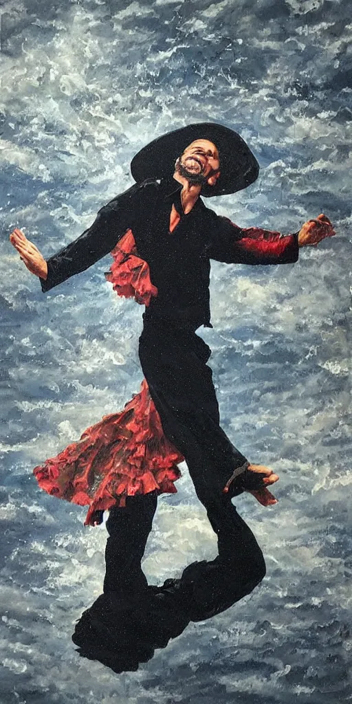 Image similar to antonio gades dancing flamenco on the rain stormcloud realistic