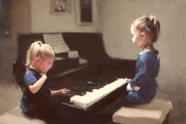 Image similar to “ little girl, pigtails hairstyle, practicing at the piano, jeremy lipking, casey baugh ”