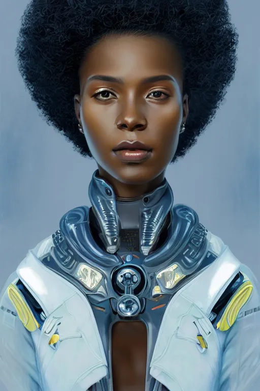 Image similar to portrait futuristic beautiful african Airforce armored pilot Girl, Afro hair, at inside of future fighter aircraft, ssci-fi, fantasy, intricate, very very beautiful, elegant, human anatomy, neon light, highly detailed, digital painting, artstation, concept art, soft light, smooth, sharp focus, illustration, art by tian zi and WLOP and alphonse mucha