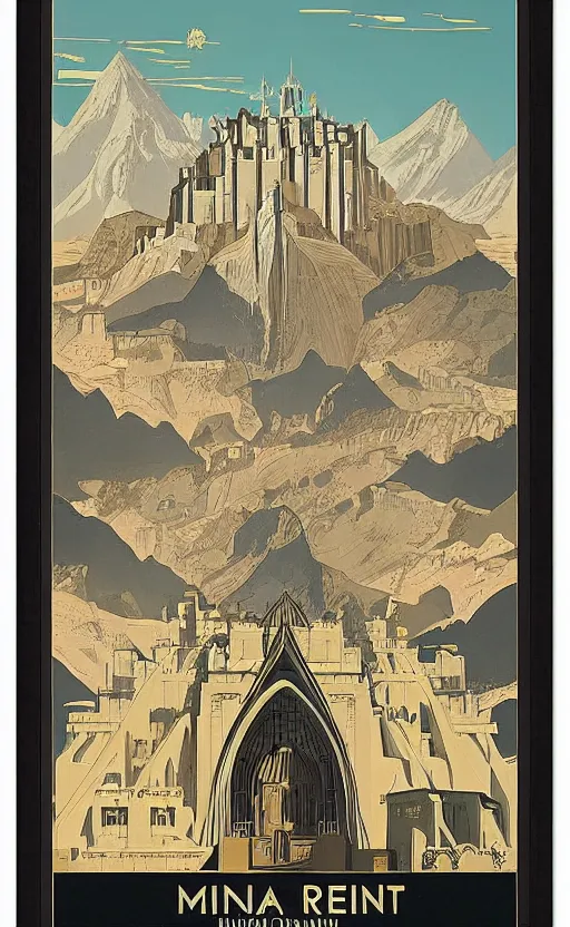 Image similar to art deco travel poster of minas tirith, framed poster