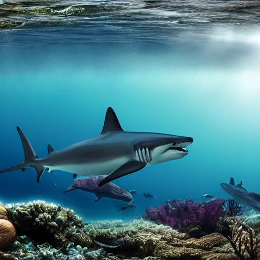 Image similar to hyperrealistic underwater photography, panoramic picture of an ocean floor with in the distance are some hammerhead sharks. focus on the sharks. the sharks are anatomically correct and highly detailed. lots of bubbles. seaweed and some rocks. gloomy scattered light entering from the water surface, trending on artstation, hq, 8 k