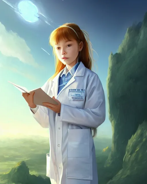 Prompt: concept art of a girl scientist hold a clipboard, wearing a tight labcoat, standing infront of a large window with an alien landscape in the distance | | cute - fine - fine details by stanley artgerm lau, wlop, rossdraws, james jean, andrei riabovitchev, marc simonetti, and sakimichan, trending on artstation