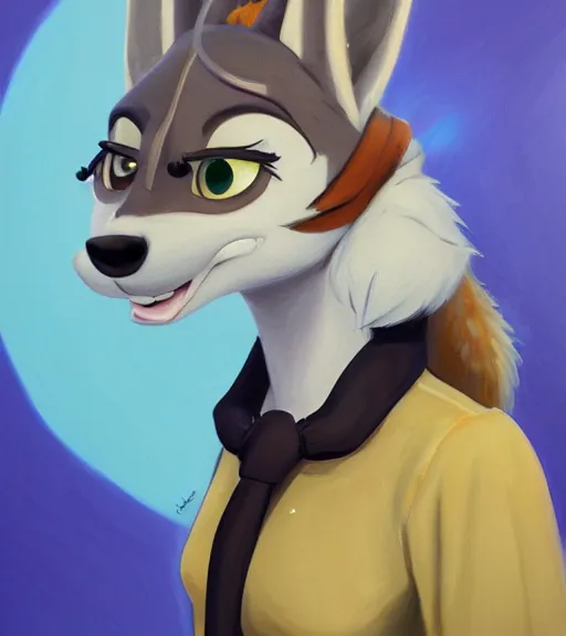 Image similar to oil painting of anthromorphic female wolf, in style of zootopia, zootopia, zootopia, fursona, furry, furaffinity, 4 k, deviantart, furry art, fursona art, wearing black business suit, business suit, in style of zootopia, wolf fursona, cyberpunk, female, expressive detailed feminine face,
