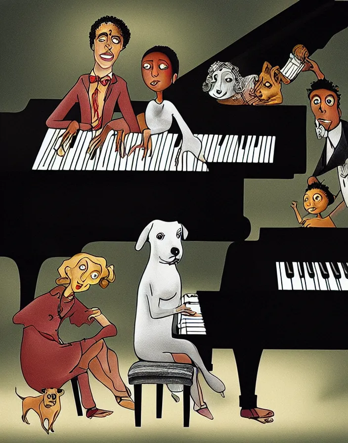 Image similar to a white person and a black person near the piano keyboard with two dogs by tim burton