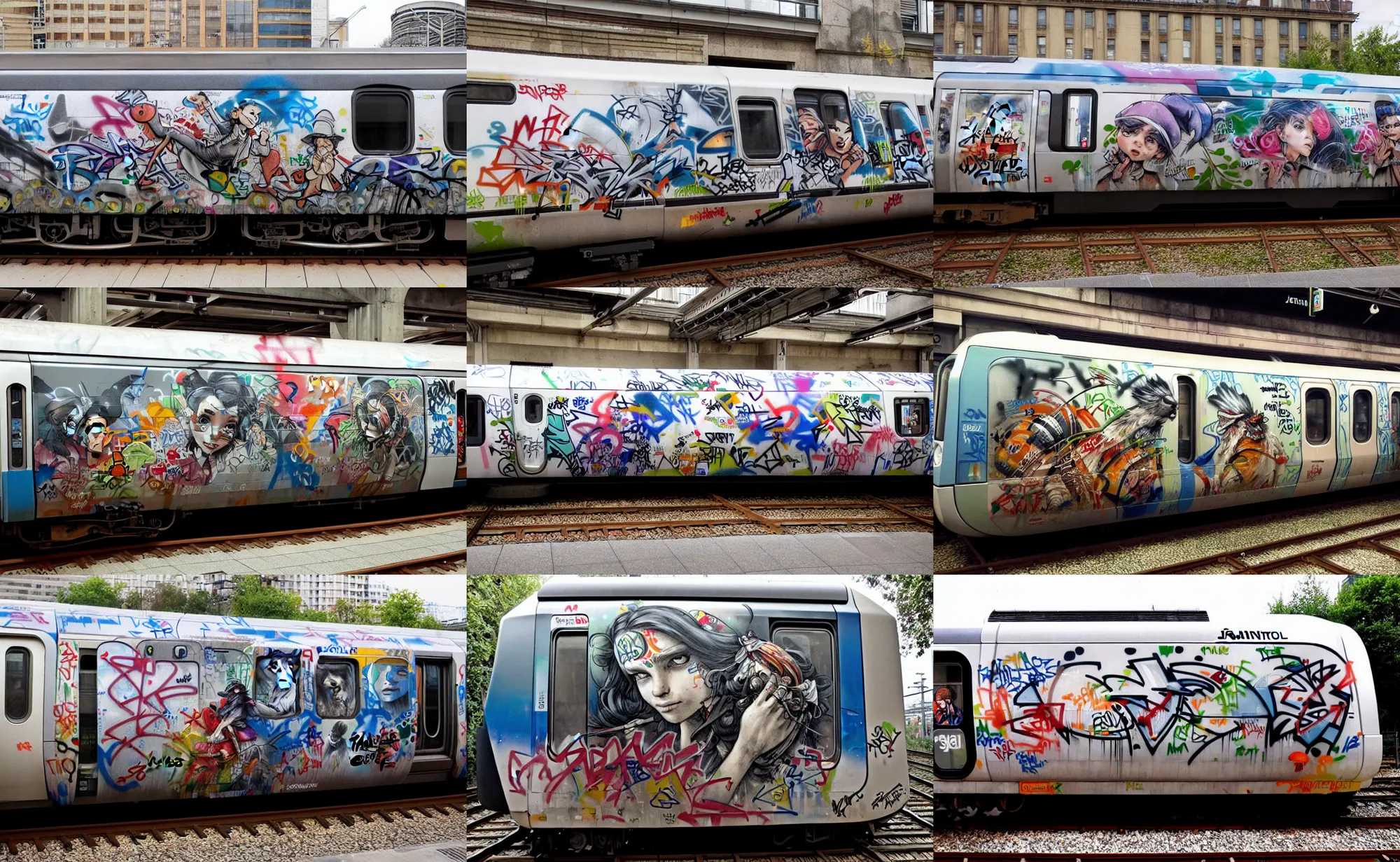 Prompt: a metrotrain covered with graffiti by jean - baptiste monge