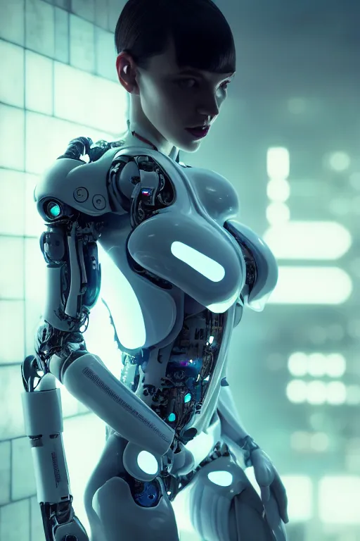 Prompt: cinematic shot of a cyborg woman with a porcelain body, perfect body, athletic, delft porcelain, led details, blade runner, ghost in the shell, futuristic, 8 k resolution, hyperdetailed, beautiful lighting, octane rendered, poser, photorealistic, exquisite details