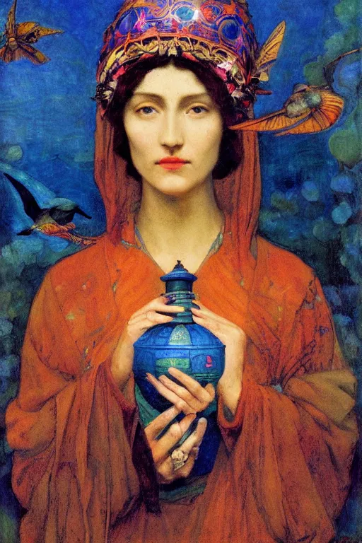 Image similar to queen of the dawn with her lantern and birds, by Annie Swynnerton and Nicholas Roerich, elaborate headdress and iridescent beetles, rich color, dramatic cinematic lighting, extremely detailed