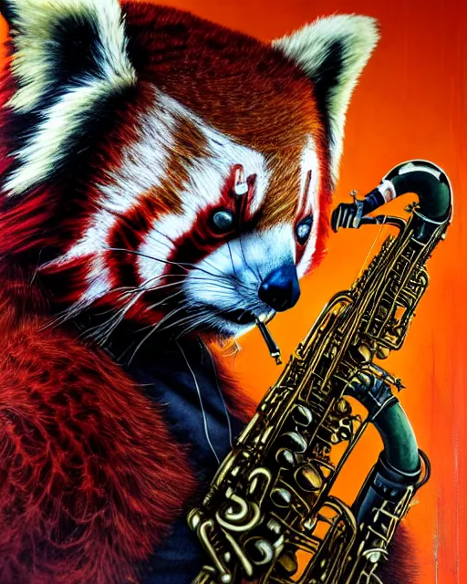 Image similar to a portrait of an anthropomorphic cyberpunk single red panda wailing on the saxophone by sandra chevrier, by jon foster, detailed render, tape deck, epic composition, cybernetics, 4 k realistic, cryengine, realistic shaded lighting, sharp focus, masterpiece, by enki bilal