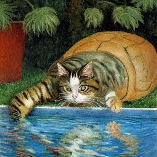 Image similar to painting of a cat playing with a turtle in a swimming pool, impressionism