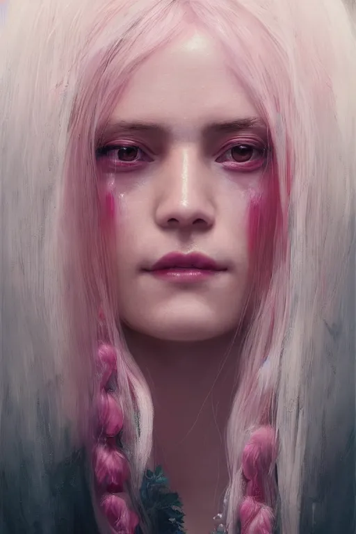 Image similar to a fancy portrait a happy and beautiful women with long white hair and deep pink eye colour by greg rutkowski, sung choi, mitchell mohrhauser, maciej kuciara, johnson ting, maxim verehin, peter konig, 8 k photorealistic, cinematic lighting, hd, high details, dramatic, atmosphereric, trending on artstation