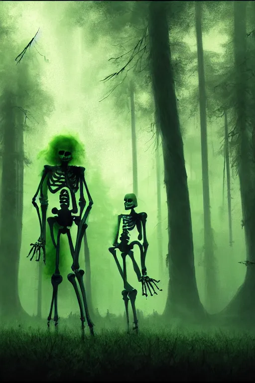 Image similar to four skeletons made of green magic luminous smoke are playing musical instruments. the background is misty forest, full of green swirling smoke, harry potter, death eaters, dementors, craig mullins, albert bierstadt, greg rutkowski, tarkovski, realistic, highly detailed, artstation, early morning, atmospheric, aestetic, moody