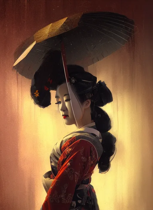 Image similar to female geisha girl, beautiful face, neon, rule of thirds, intricate outfit, spotlight, by greg rutkowski, by jeremy mann, digital painting