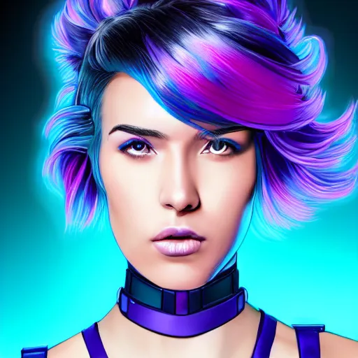 Image similar to a stunning upper body portrait of a beautiful young woman wearing futuristic navy blue and teal battle bodyarmor with pauldrons and inset glowing fine neon lines and ombre purple and pink hairstyle with hair blowing in the wind, by marvel comics, highly detailed, fine detail, intricate, digital art, trending on artstation