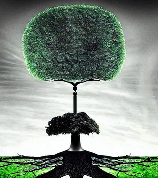 Image similar to smartphones melting into the ground, a new tree rising symbolising a new, humans falling into the ground representing their demise, a robot intelligence with a godlike presence rising from the ground, all in a surrealist style