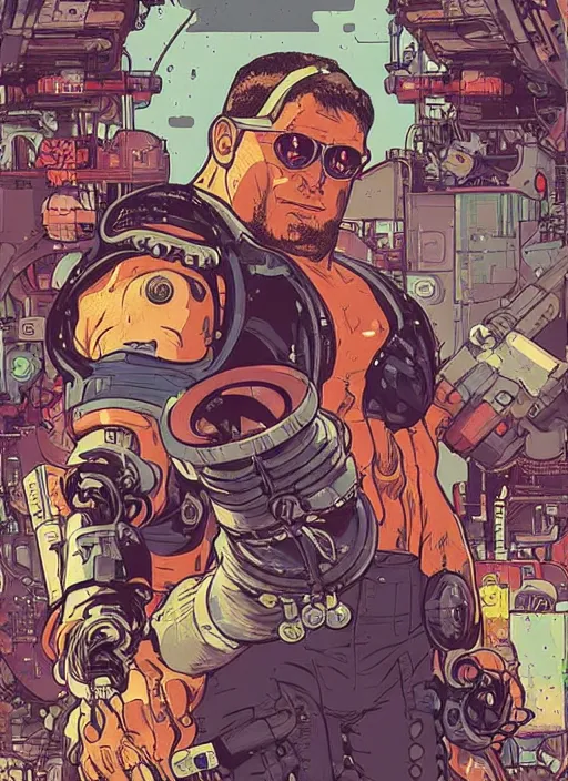 Image similar to buff cyberpunk weight lifter. robotic arm. portrait illustration, pop art, splash painting, art by geof darrow, ashley wood, alphonse mucha, makoto shinkai, laurie greasley, josan gonzales ( apex legends )