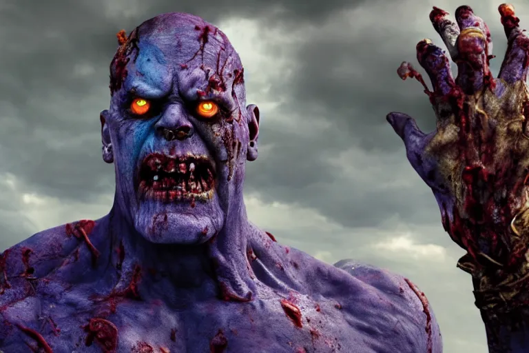 Image similar to film still of zombie zombie Thanos as a zombie in new avengers movie, 4k