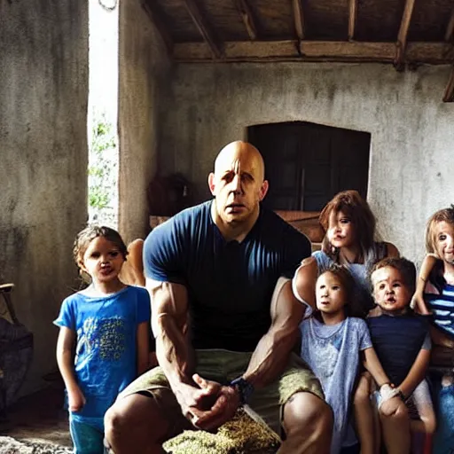 Prompt: closeup photo of vin diesel and his wife and 6 children, sunny day, village house, pastoral, happy, cinematic, art by jan urschel and neil blevins