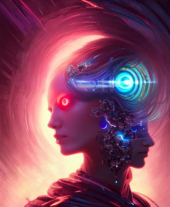 Prompt: a whirlwind of souls rushing inside the metaverse, half body, glowin eyes, android, cyborg, cyberpunk face, by loish, d & d, fantasy, intricate, elegant, highly detailed, colorful, vivid color, digital painting, artstation, concept art, art by artgerm and greg rutkowski and alphonse mucha and ruan jia