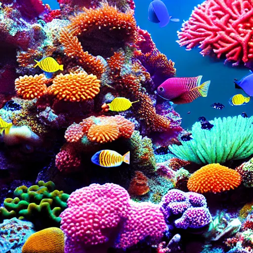 Prompt: A hyper realistic photo of a coral reef underwater. Bright colors, hyper detailed, 8k.