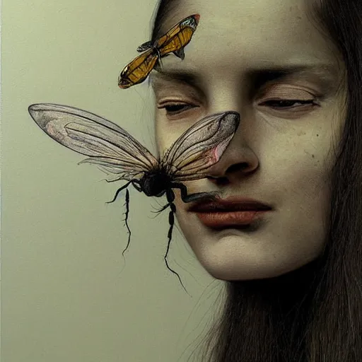 Prompt: a hyperrealistic painting of a beautiful woman morphing into a fly, by santiago caruso, highly detailed,