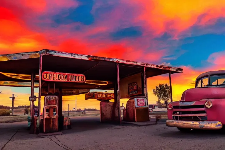 Image similar to a sunset light landscape with historical route 6 6, lots of sparkling details and sun ray ’ s, blinding backlight, smoke, volumetric lighting, colorful, octane, 3 5 mm, abandoned gas station, old rusty pickup - truck, beautiful epic colored reflections, very colorful heavenly, softlight