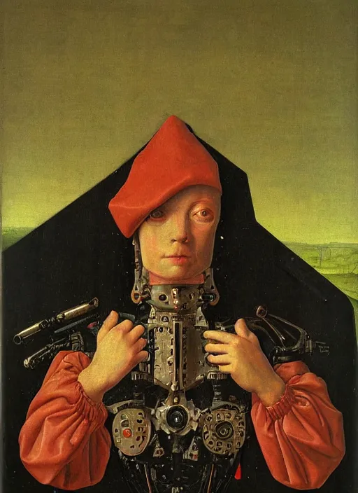 Image similar to a portrait of a cyborg by Jan van Eyck