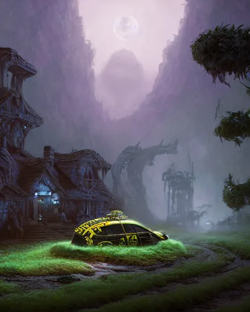 Image similar to xenomorph taxi car in a fantasy village, calming, uplifting mood, ultra realistic, farm, small buildings, highly detailed, atmosphere, masterpiece, epic lighting, elves, green plants, magic, illuminated, 4 k, cinematic, morning sun, art by eddie mendoza and sylvain sarrailh and jonathan berube