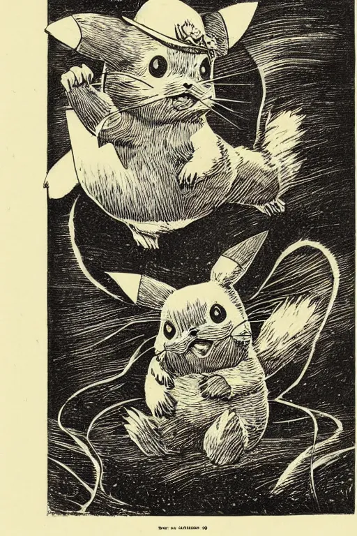 Prompt: 19th century wood-engraving of fluffy pikachu, whole page illustration from Jules Verne book titled Stardust Crusaders, art by Édouard Riou Jules Férat and Henri de Montaut, frontal portrait, high quality, beautiful, highly detailed, removed watermarks