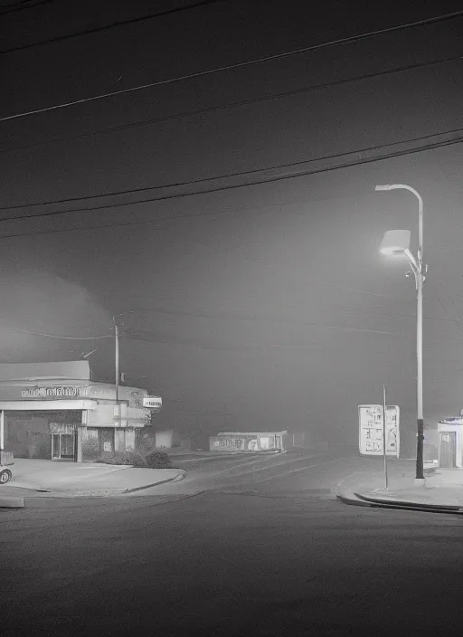 Image similar to a detailed photographic render of a 1 9 6 0 s american neighborhood at night by todd hido, photoreal, 4 k, mist, rule of thirds