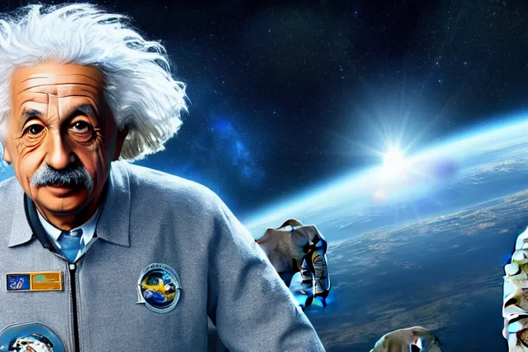 Image similar to still fullbody photo of sad albert einstein in spacesuit in space, flat earth on elephants and turtle at background, highly detailed, photorealistic shot, bright studio setting, studio lighting, crisp quality and light reflections, unreal engine 5 quality render