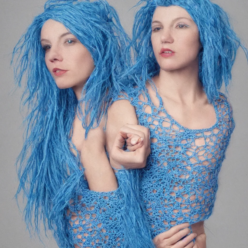 Prompt: A woman with blue hair wearing a crocheted crop-top, photorealistic portrait