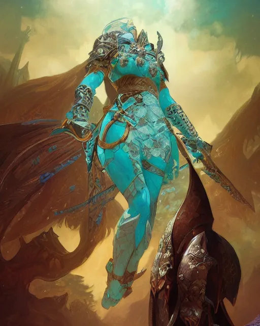 Prompt: Portrait of a Fantasy turquoise knight, moonlit, HD, illustration, epic, D&D, fantasy, intricate, elegant, highly detailed, digital painting, artstation, concept art, smooth, sharp focus, illustration, art by artgerm and greg rutkowski and alphonse mucha, monster hunter illustrations art book