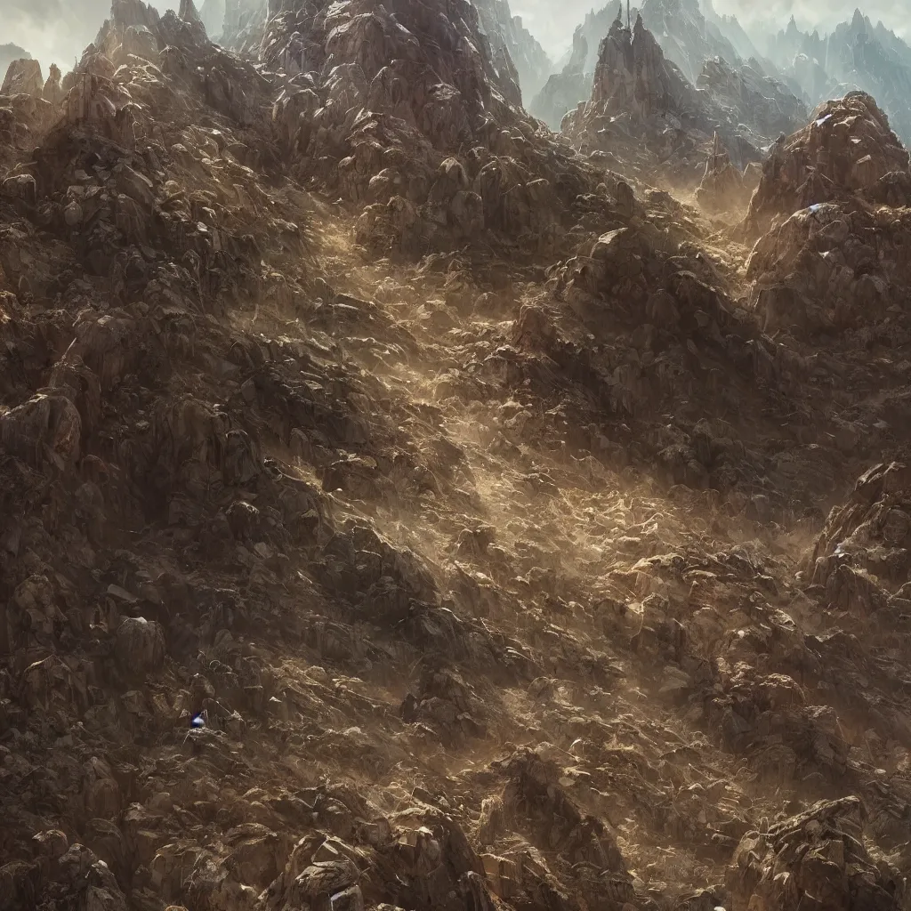 Image similar to a detailed portrait of a giant humanoid robots buried half way in the mountains by Greg Rutkowski, Sung Choi, Mitchell Mohrhauser, Maciej Kuciara, Johnson Ting, Maxim Verehin, Peter Konig, final fantasy, Marco lense , 8k photorealistic, cinematic lighting, HD, high details, atmospheric , trending on artstation