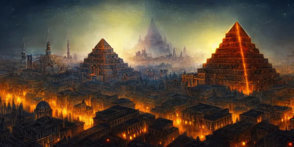 Image similar to magical city of the Great Tartarian Empire adorned with amazing lost technology, lighting resembling fireflies, spires from rooftops collecting and distributing etheric energy, the centerpiece of the city is a colossal ancient pyramid made of metal, cityscape, combining intense detail & utmost quality, Christian Hecker, Artstation, - H 832