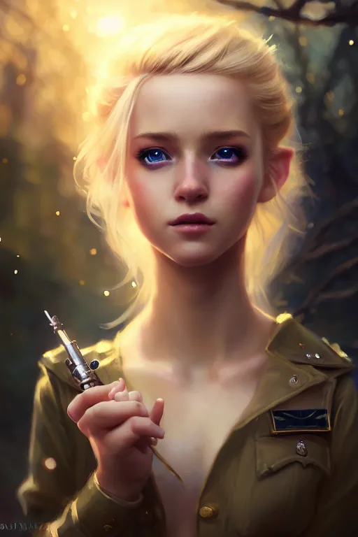 Image similar to cinematic shot of an epic portrait of a cute blonde fairy dressed in military clothes, stylised military clothes, shiny skin, beautiful eyes, beautiful, small details, night setting, realistic poster with volumetric light from craig mallism, artgerm, jeremy lipkin and michael garmash, unreal engine, radiant light, digital art, trends at art station, a masterpiece