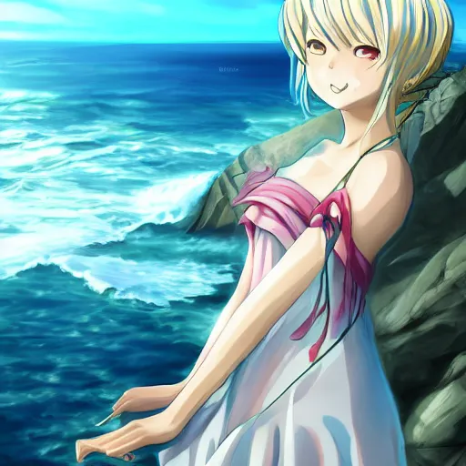 Prompt: image of Barbara genshin impact in a light dress against the sea, anime art, genshin impact, highly detailed, beautiful, art, 4k, soft light, studio light