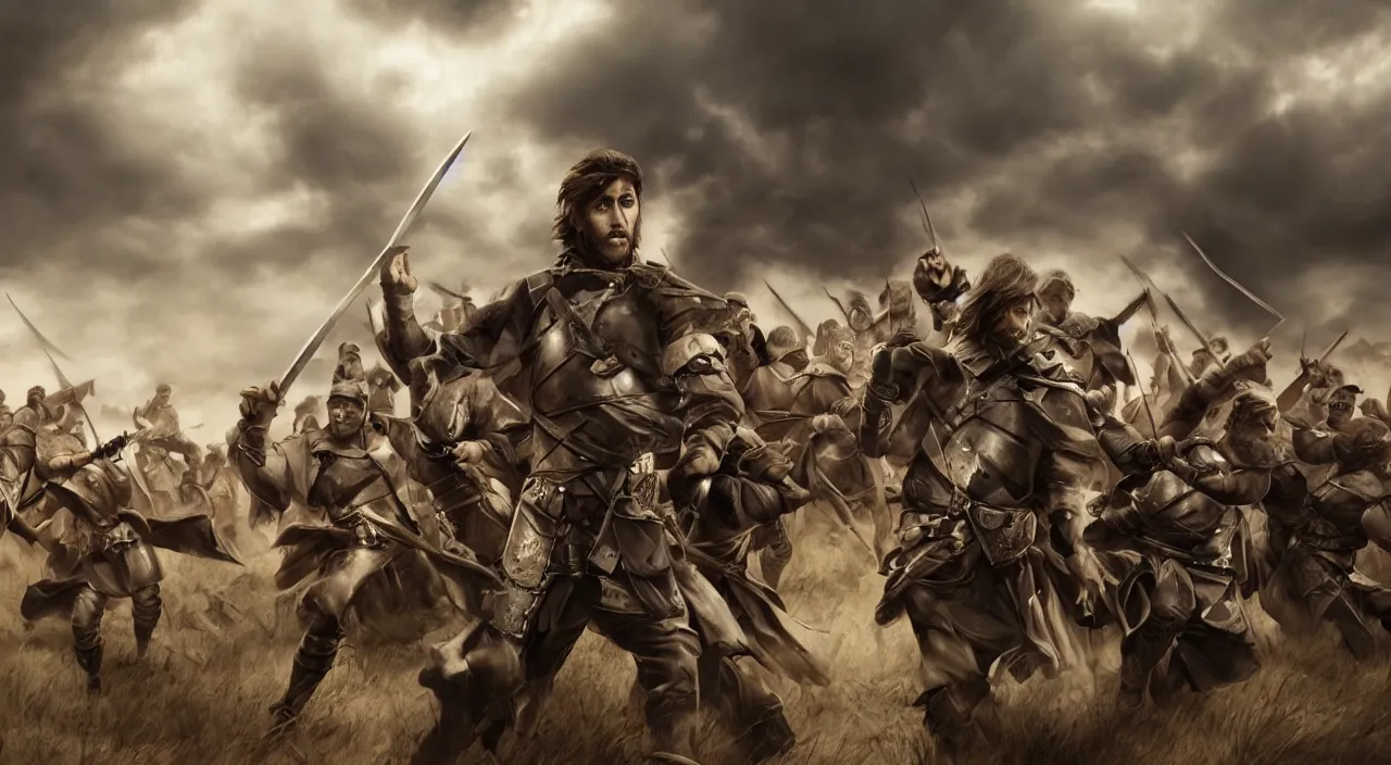 Prompt: wide shot of a man in his twenties with brown hair and hazel eyes eyes standing with his sword drawn before an approaching army, with generic warriors around him, dark clouds, cinematic shot