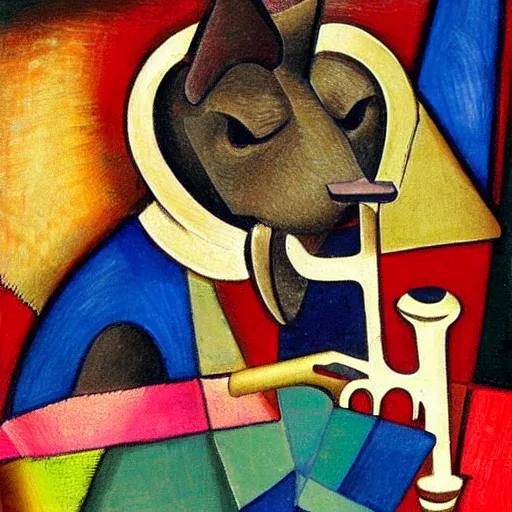 Prompt: dog playing the saxophone, sitting on the couch, medieval portrait, cubism, close up