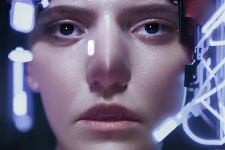 Prompt: VFX movie of a cyborg hacker closeup portrait in high tech compound, beautiful natural skin neon lighting by Emmanuel Lubezki