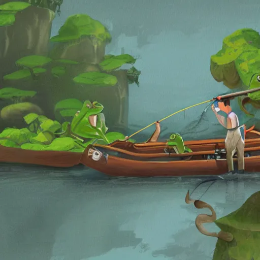 Image similar to concept art of frog people fishing in a river,