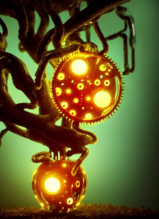 Image similar to intricate mechanical translucent apples with visible gears and components inside, growing off a tree, on the background of a weird magical mechanical forest. Very detailed 8k. Fantasy cyberpunk horror. Sharp. Cinematic post-processing