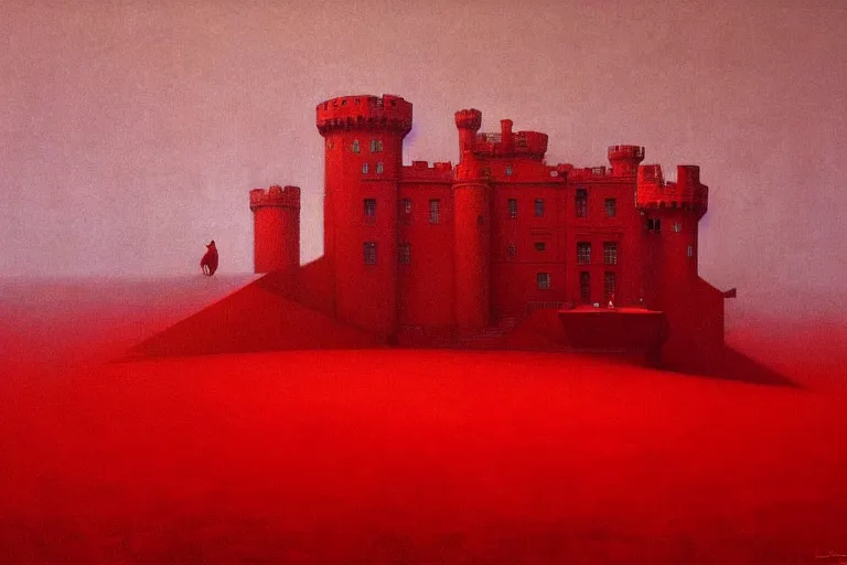 Image similar to only with red, in a red dream world, a crimson tiger, a big deal, a red fox, a castle in the background, in the style of beksinski, part by hopper, part by rodcenko, part by hofbauer, intricate composition, red by caravaggio, insanely quality, highly detailed, masterpiece, red light, artstation