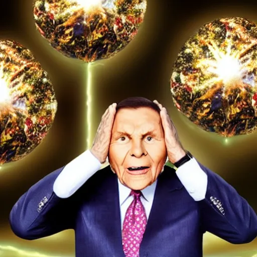 Image similar to kenneth copeland exploding head while praying dollar balls