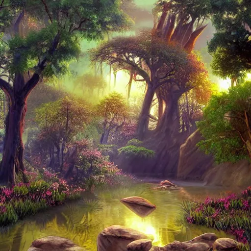 Image similar to large landscapes from another world, beautiful painting, very detailed fauna and flora, enhance lighting, the atmosphere is looking weird