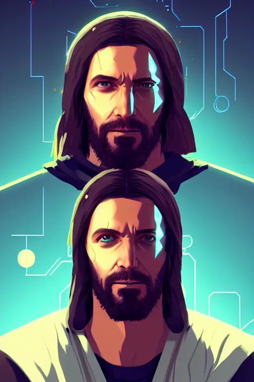 Image similar to « a portrait of a cyberpunk jesus, a character portrait by paul kelpe, reddit contest winner, sots art, ilya kuvshinov, 2 d game art, parallax »