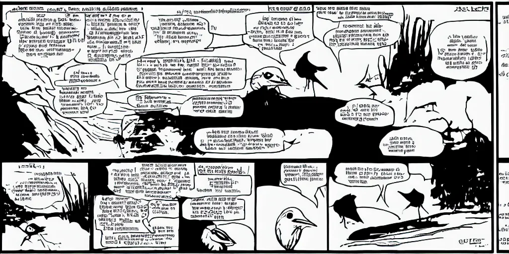 Prompt: xkcd comic with two stick figures discussing a bird, black and white