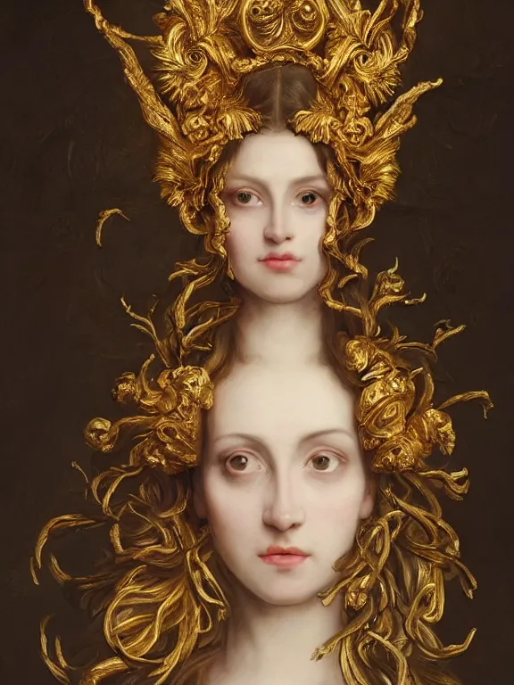 Image similar to a beautiful portrait render of baroque female demon with golden skin and identical eyes, ultra realistic, hdr, dramatic lighting, sculpture, painting, who wearing dramatic headdress, by  Louise Élisabeth Vigée Le Brun  and aaron horkey and Jean-Baptiste Greuzeand and peter gric and Franz Xaver Winterhalter,Artstation,pinterest,jewelry,porcelain,gold, woman demon,pearlescent,maximalist